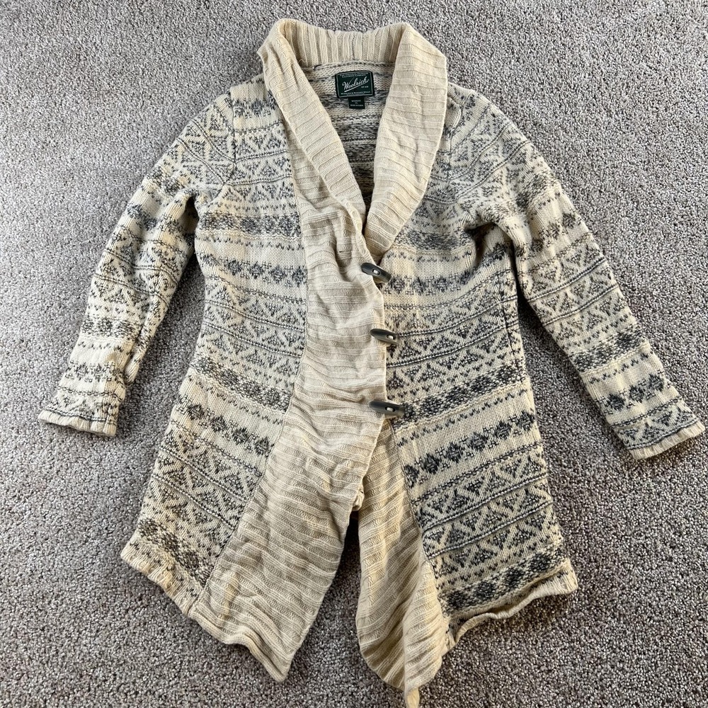 Woolrich Cardigan Sweater Womens XL White Fair Isle Collared Toggle Knit Long
